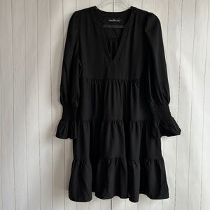 Pomander Place size L Kenzo dress black crepe smocked v-neck tiered long sleeve